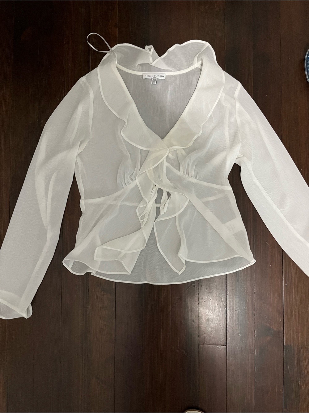 Maison d’Amélie Sheer Ivory Ruffle Blouse - Long Sleeve Top